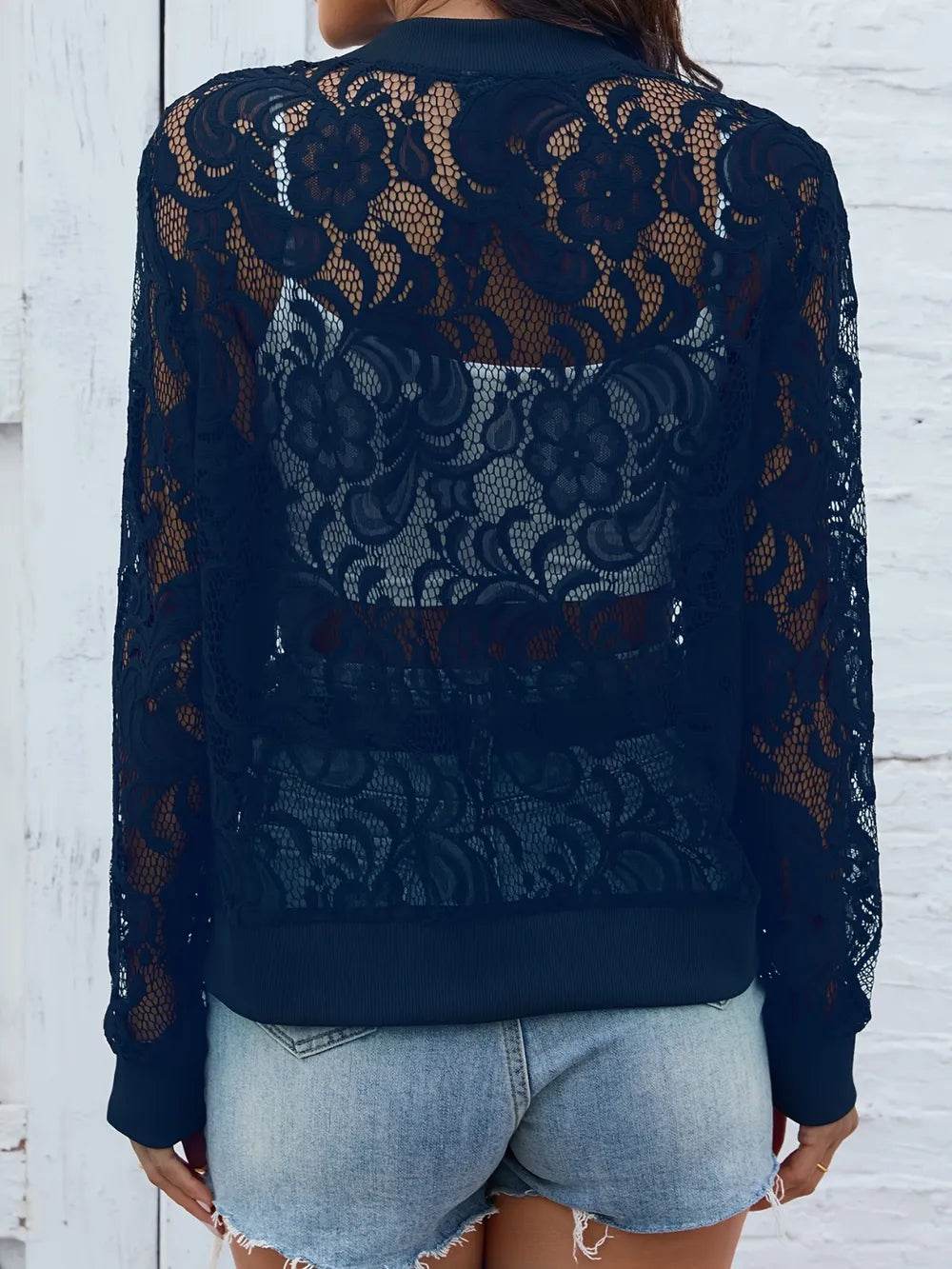 Sheer Lace Zip Up Long Sleeve Jacket - Ultim8 Designs 4 U