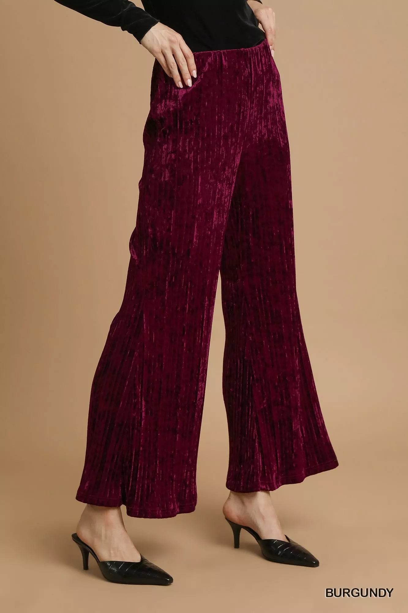 Umgee Velvet Pleated Wide Leg Pants - Ultim8 Designs 4 U