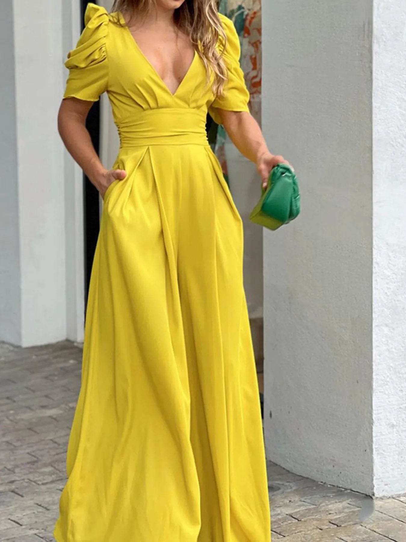 Full Size Cutout V-Neck Puff Sleeve Jumpsuit Plus Size - Ultim8 Designs 4 U
