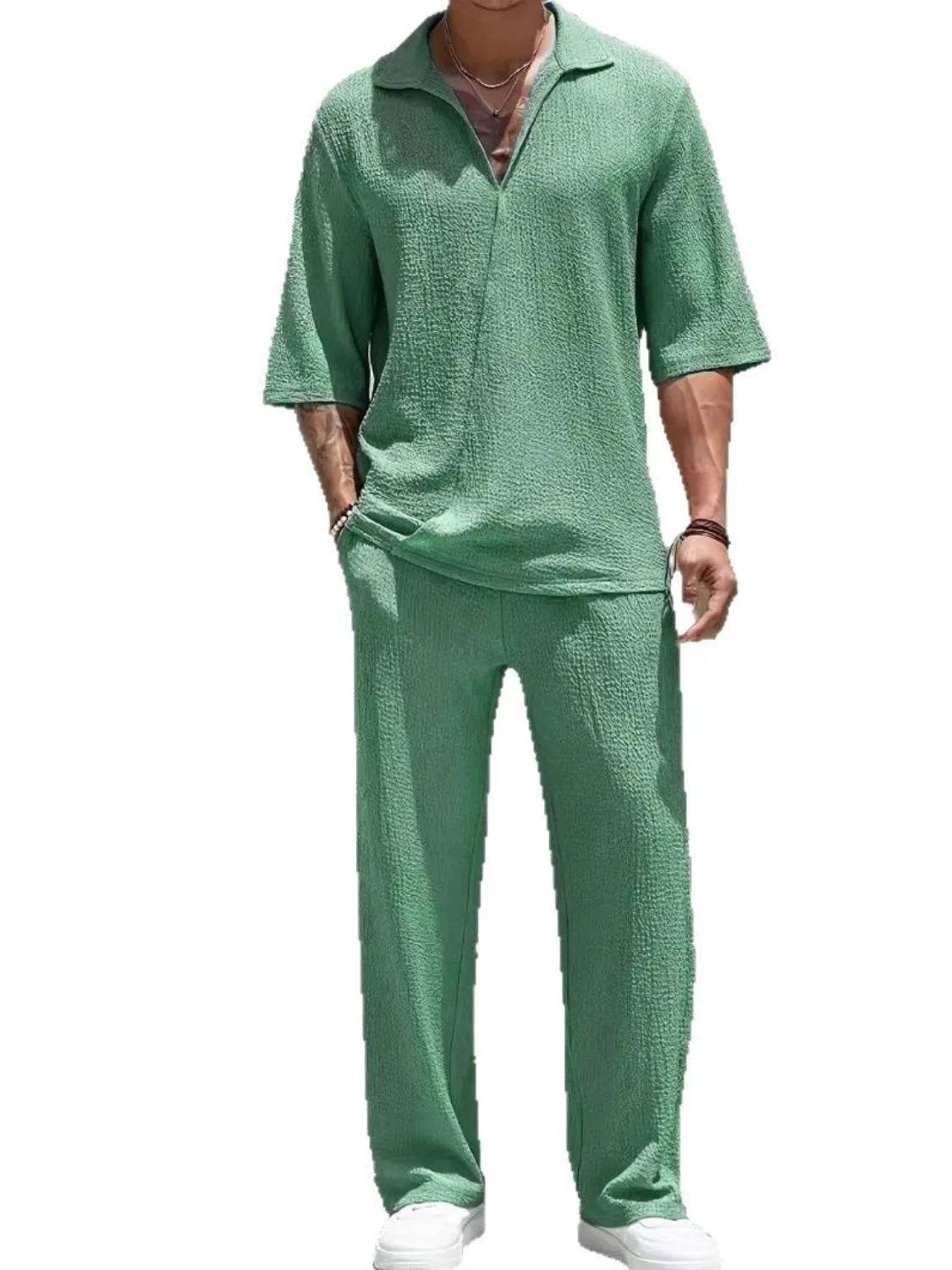 Men's Johnny Collar Half Sleeve Top and Pants Set - Ultim8 Designs 4 U