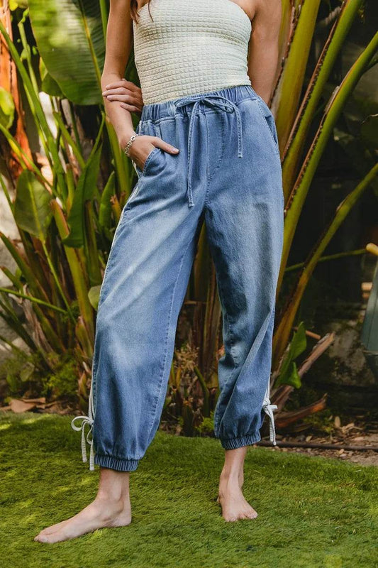 BiBi Striped Tape Details With Bot Tied Point Elastic Waist Jeans - Ultim8 Designs 4 U