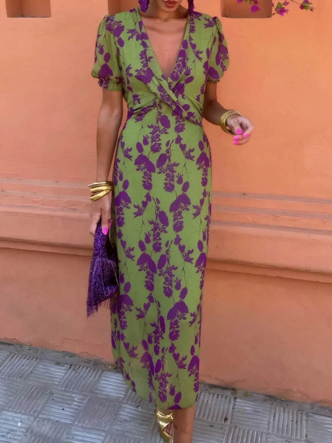 Printed Plunge Short Sleeve Midi Dress - Ultim8 Designs 4 U