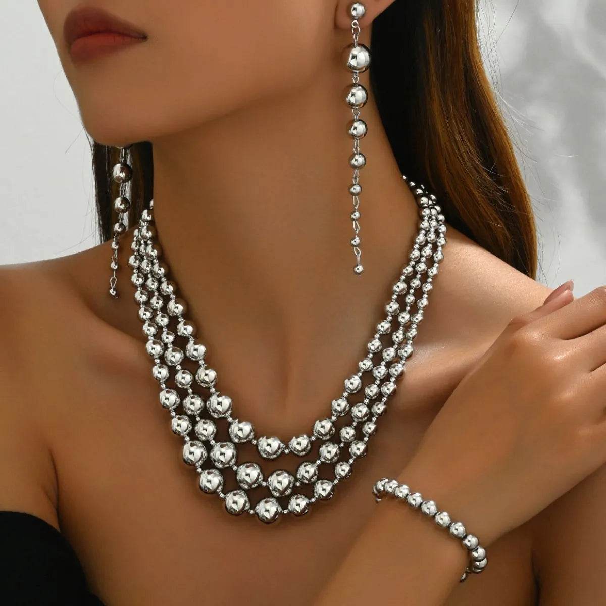 18K Stainless Steel Beaded Multi-Layered Necklace Bracelet Earrings Jewelry Set - Ultim8 Designs 4 U