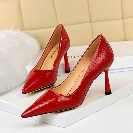 Snakeskin shiny patent leather shallow pointed high heels - Ultim8 Designs 4 U