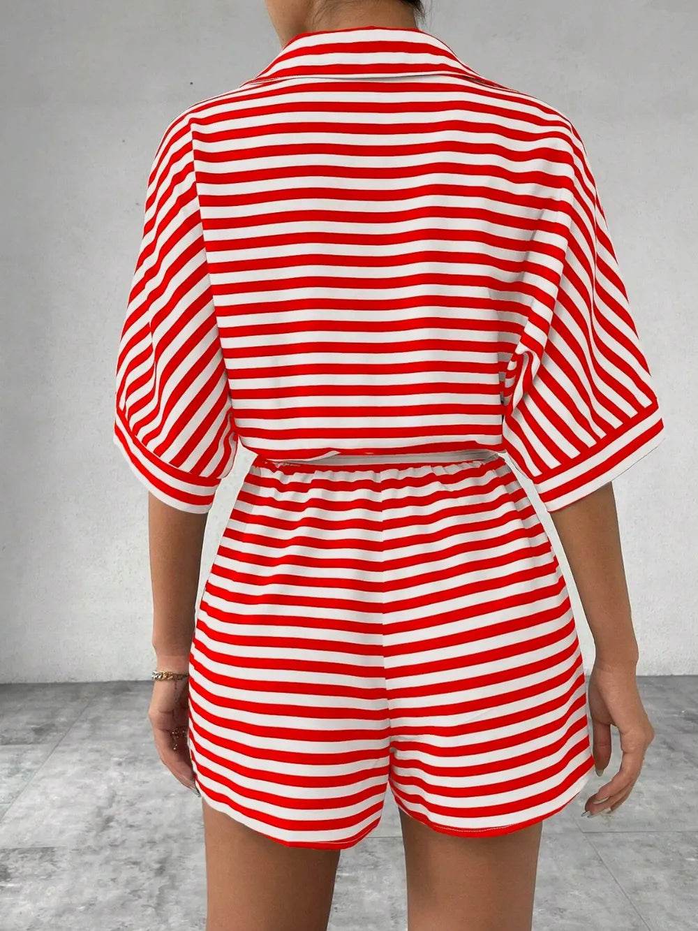 Tie Waist Half Button Striped Romper - Ultim8 Designs 4 U