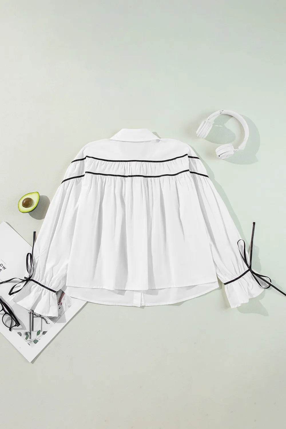 Ribbon Bowtie Collared Neck Flounce Sleeve Shirt - Ultim8 Designs 4 U