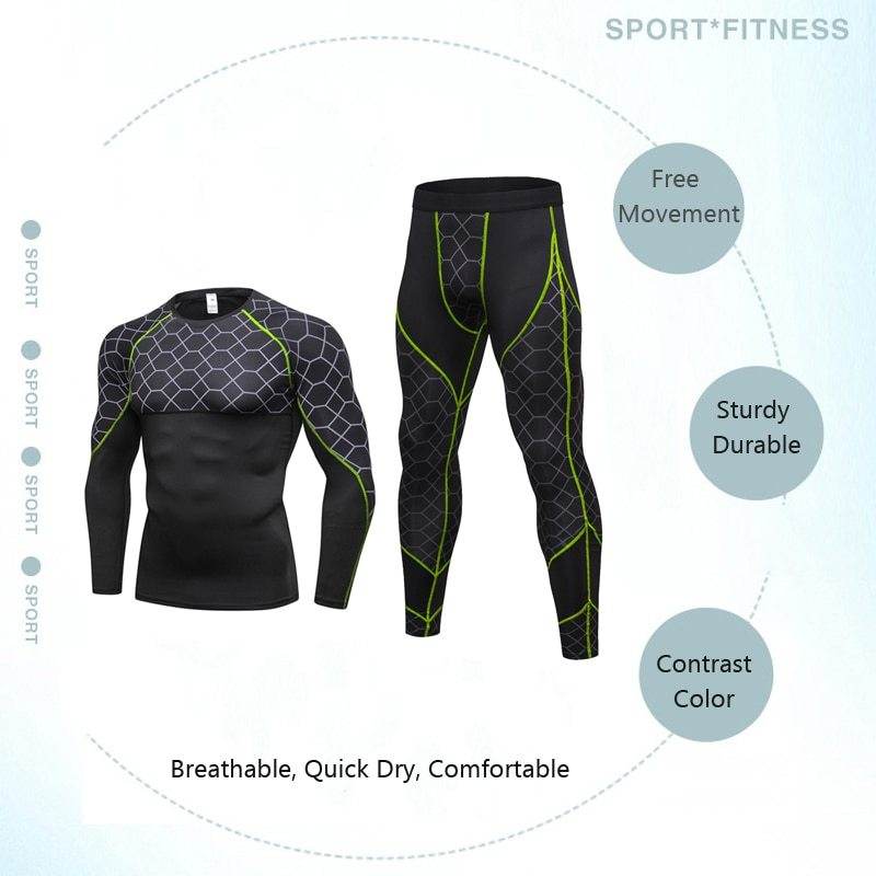 Men's Compression Run jogging Suits Grid Clothes Sports Set Long t shirt And Pants Gym Fitness workout Tights clothing 2pcs Sets - Ultim8 Designs 4 U