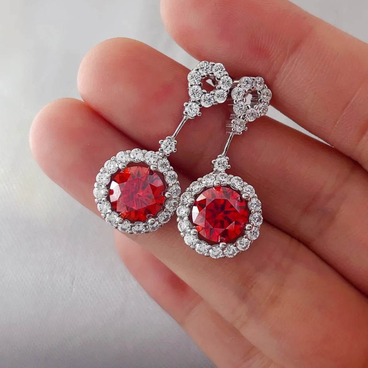 4 Carat Ruby Red Crystal Drop Earrings with Rhinestone Halo - Ultim8 Designs 4 U