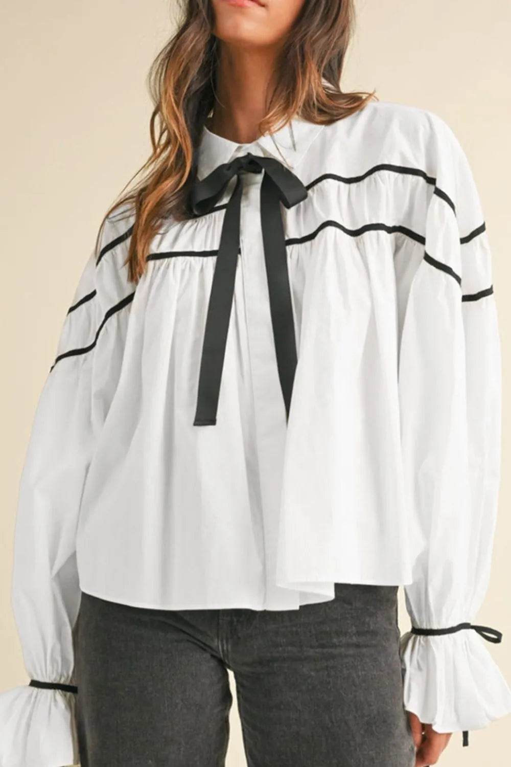 Ribbon Bowtie Collared Neck Flounce Sleeve Shirt - Ultim8 Designs 4 U