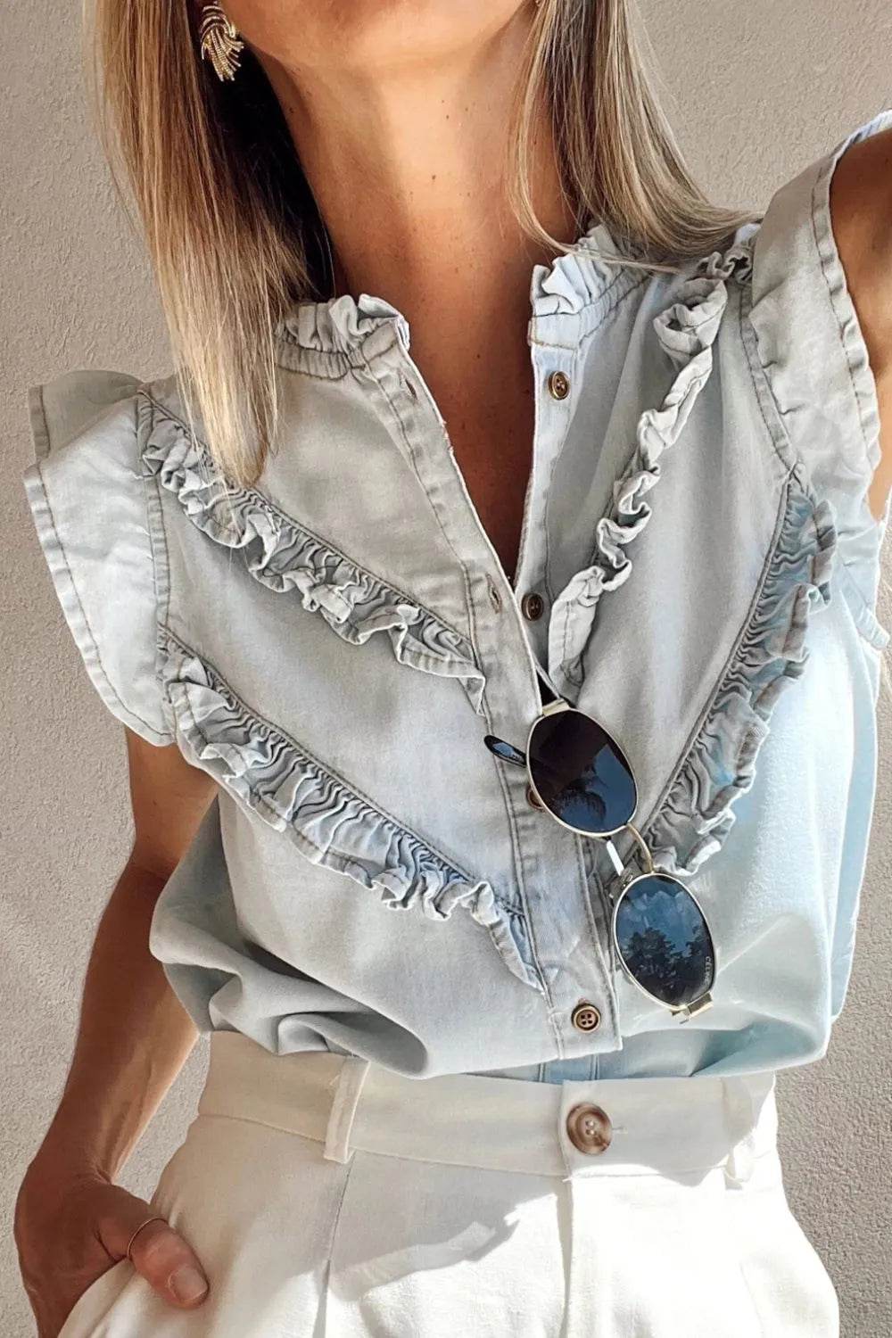 Frill Button Down Ruffled Cap Sleeve Denim Top - Ultim8 Designs 4 U