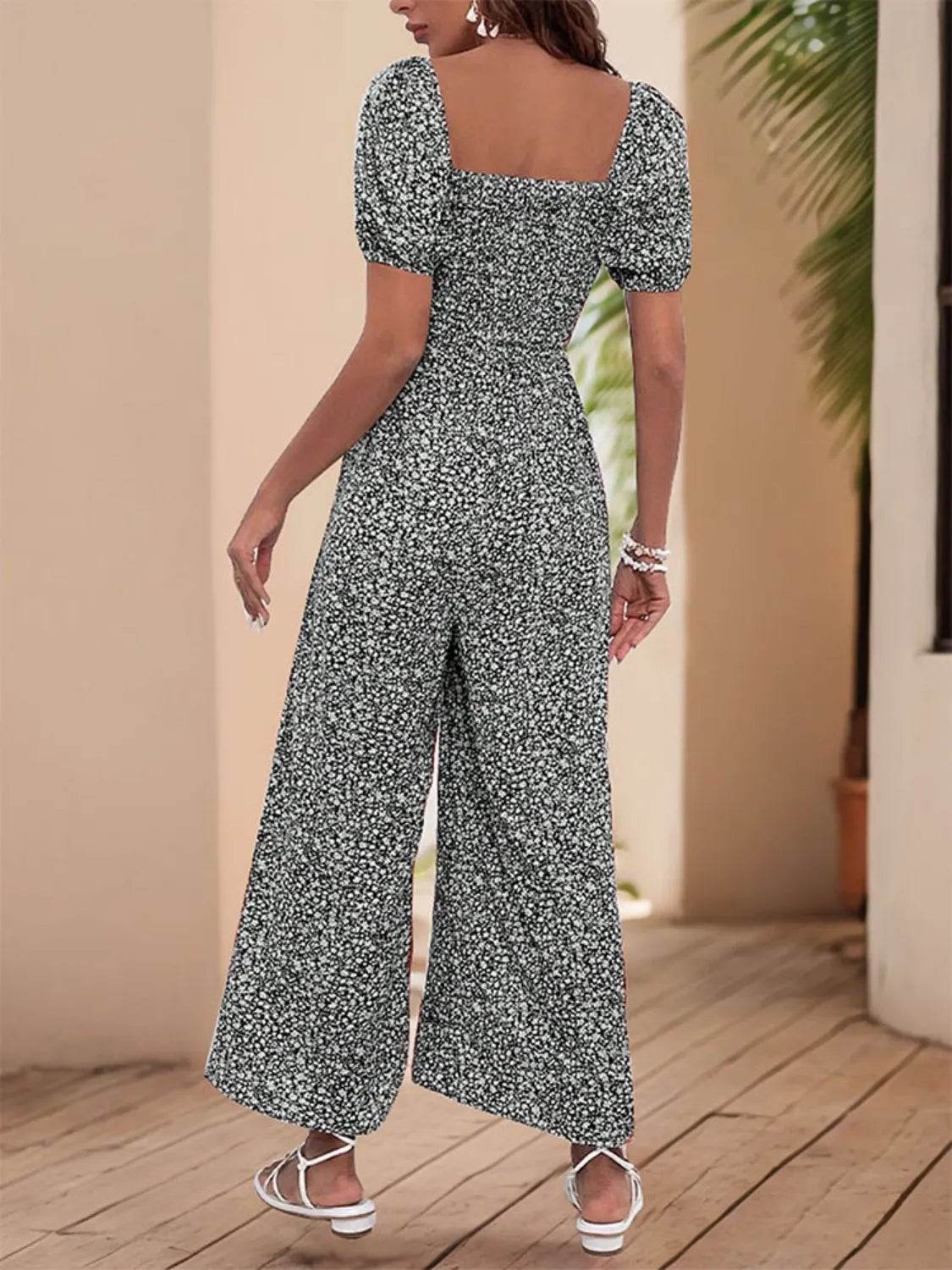 Printed Square Neck Puff Sleeve Jumpsuit - Ultim8 Designs 4 U