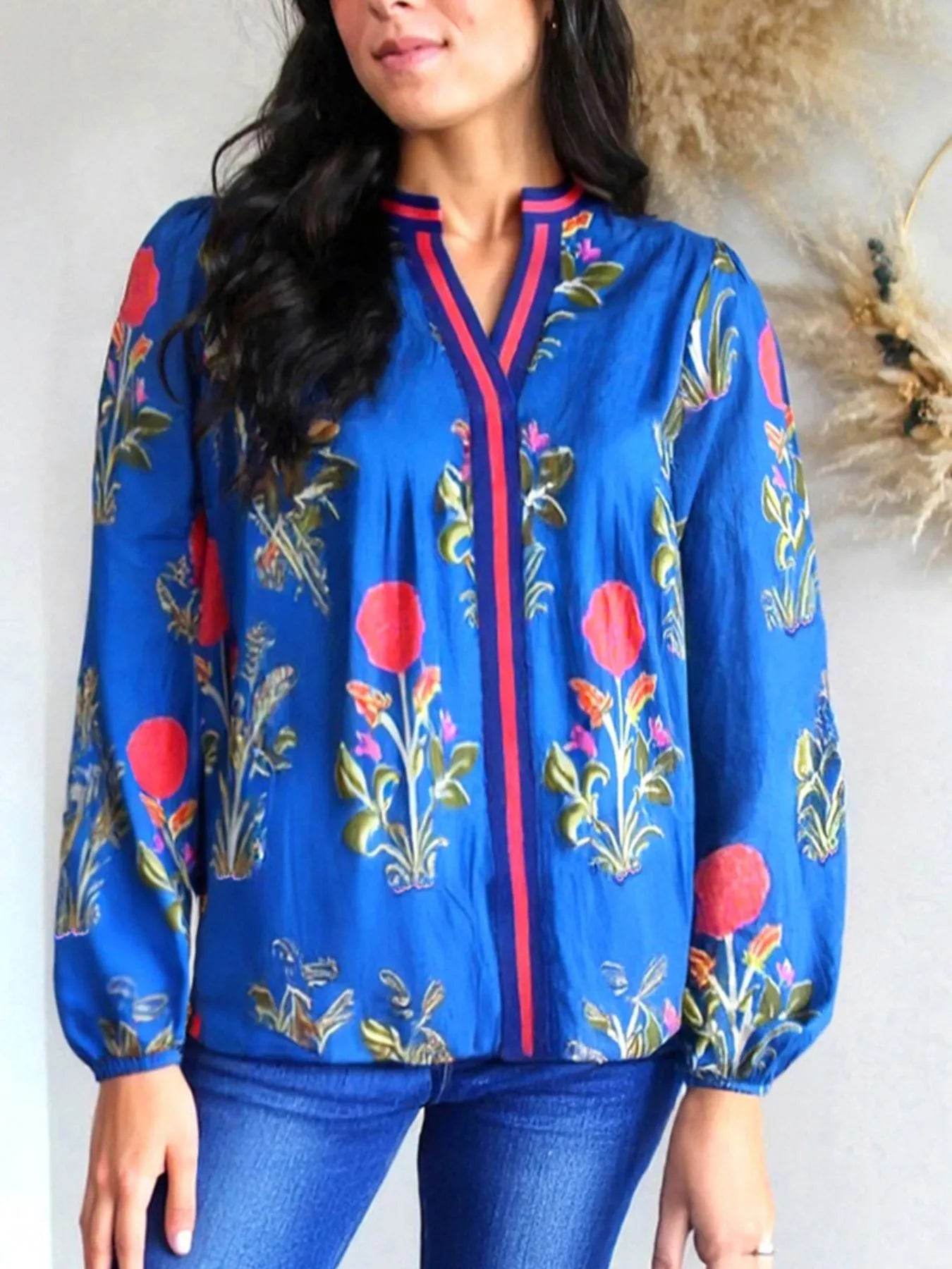 Floral Notched Balloon Sleeve Blouse - Ultim8 Designs 4 U