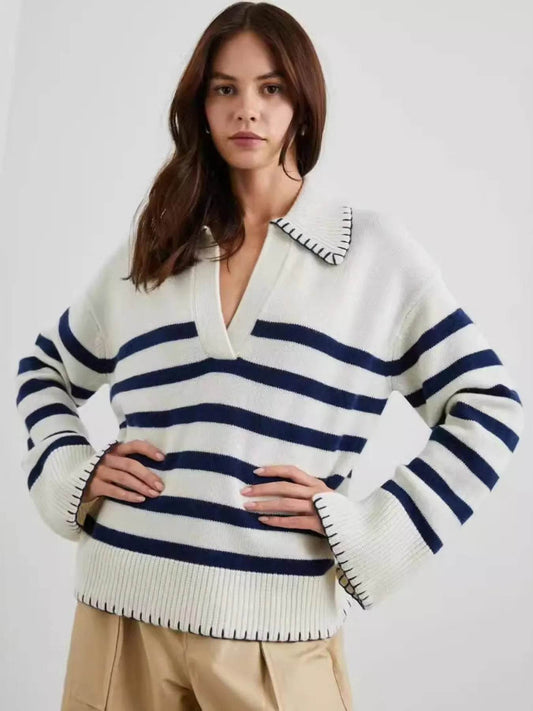 Striped Johnny Collar Sweater - Ultim8 Designs 4 U