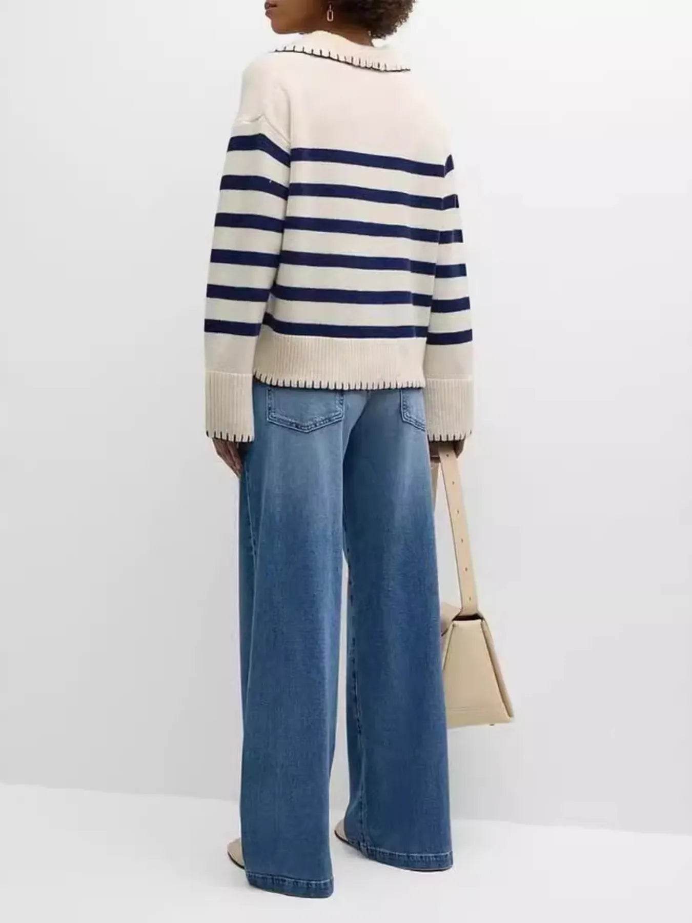 Striped Johnny Collar Sweater - Ultim8 Designs 4 U