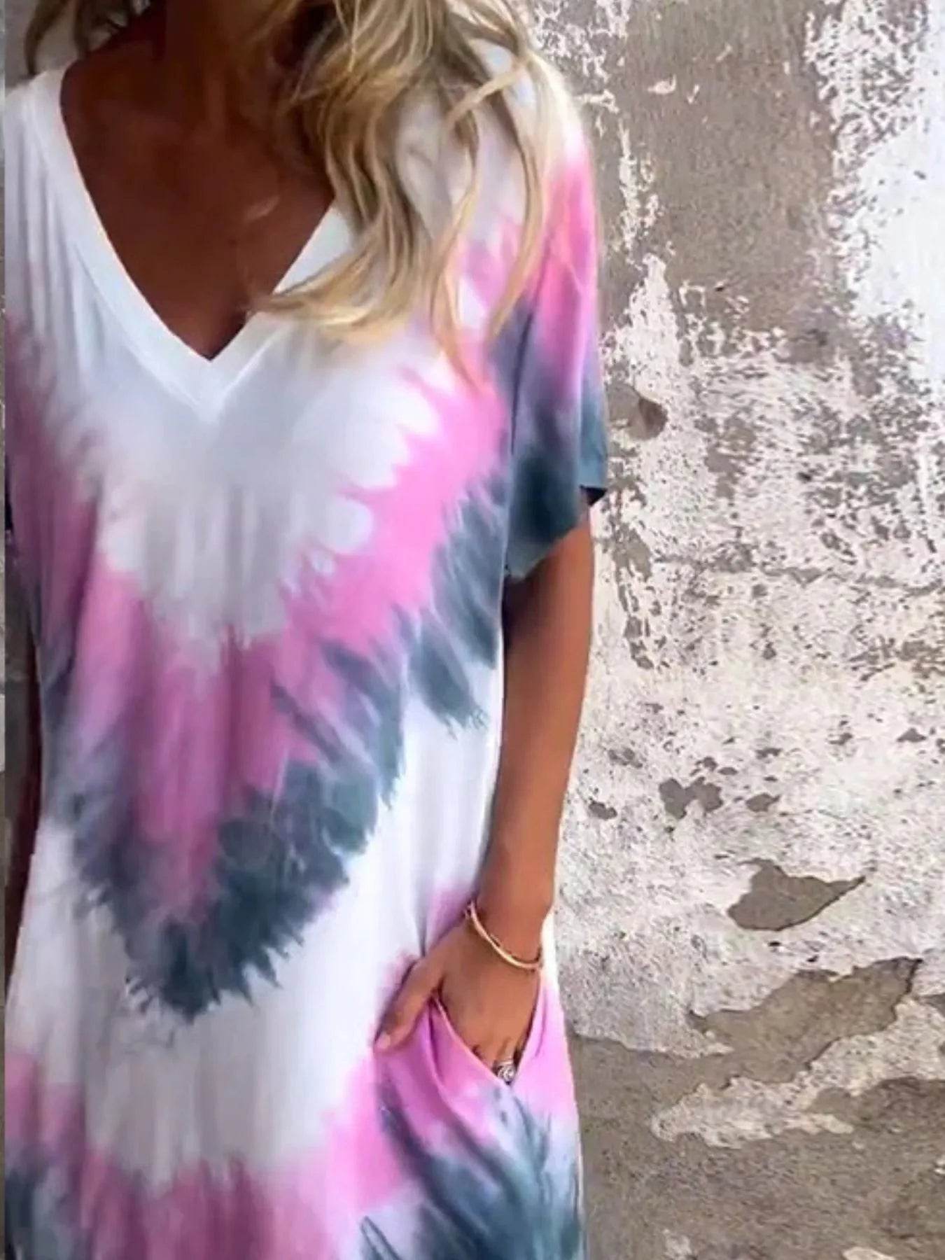 Full Size Tie-Dye V-Neck Midi Dress with Pockets Plus Size - Ultim8 Designs 4 U