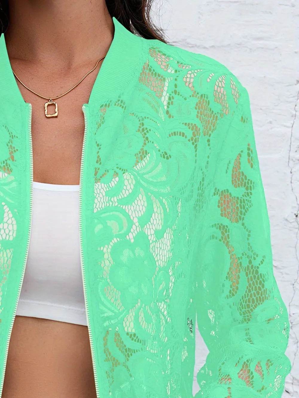 Sheer Lace Zip Up Long Sleeve Jacket - Ultim8 Designs 4 U