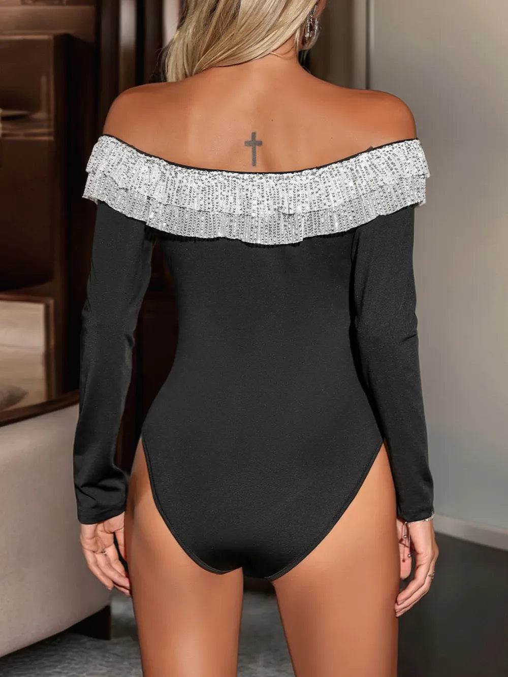 Perfee Sequin Ruffled Off-Shoulder Long Sleeve Bodysuit - Ultim8 Designs 4 U