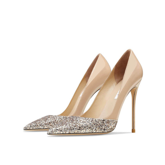 Women's Leather Stitching Gold Sequins High Heels - Ultim8 Designs 4 U