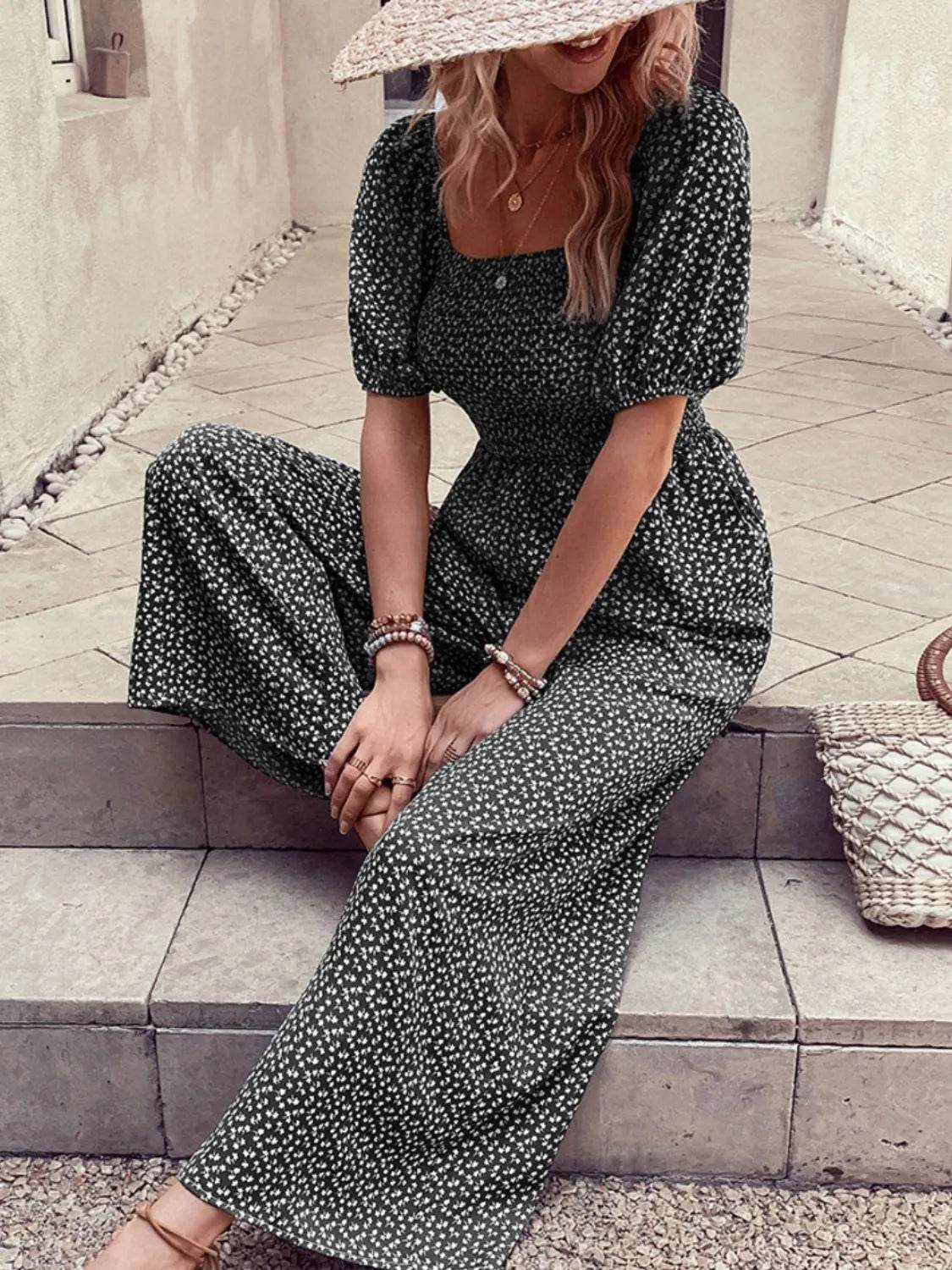 Printed Square Neck Puff Sleeve Jumpsuit - Ultim8 Designs 4 U