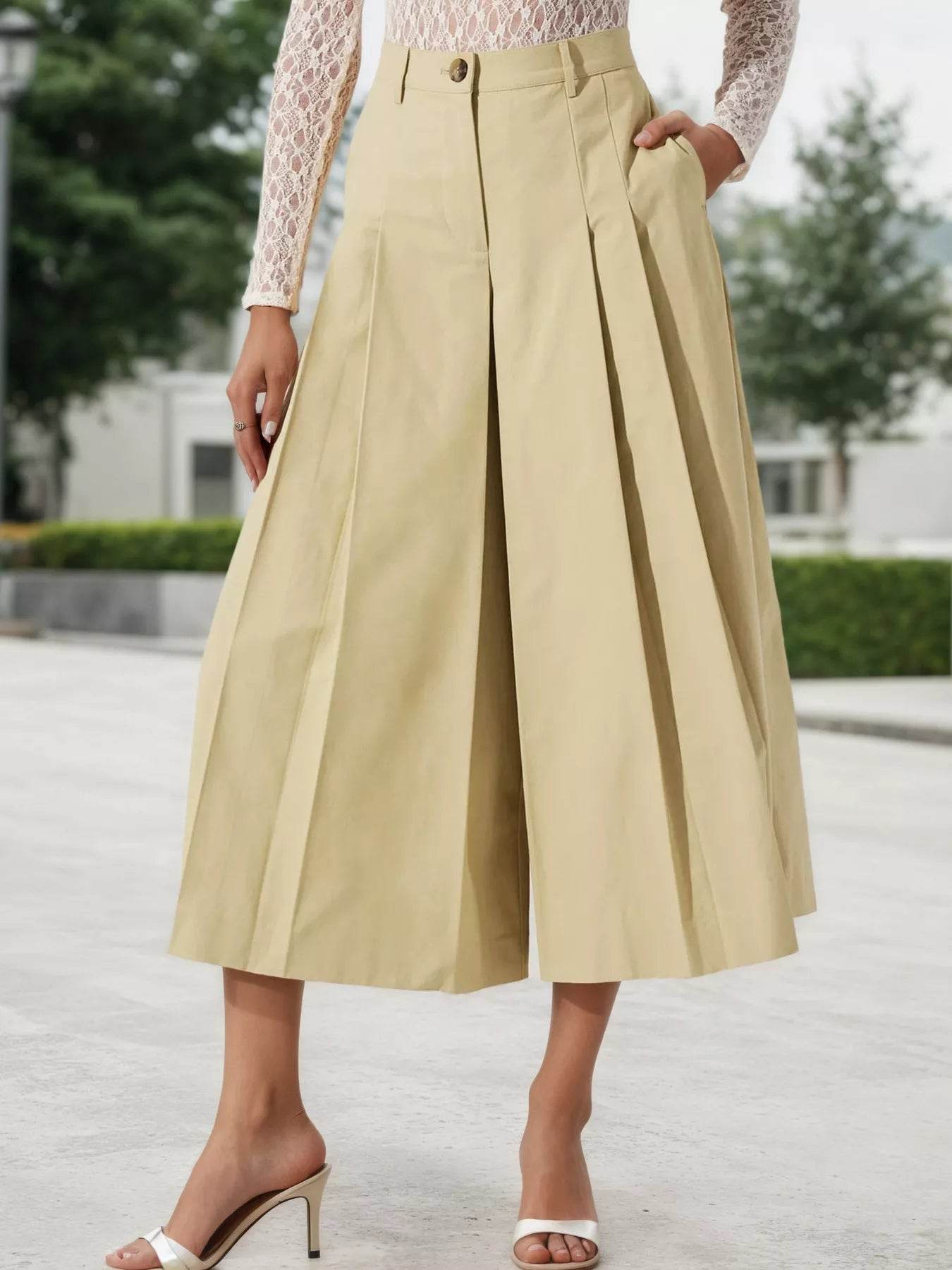 High-Waisted Pleated Wide-Leg Cropped Pants - Ultim8 Designs 4 U