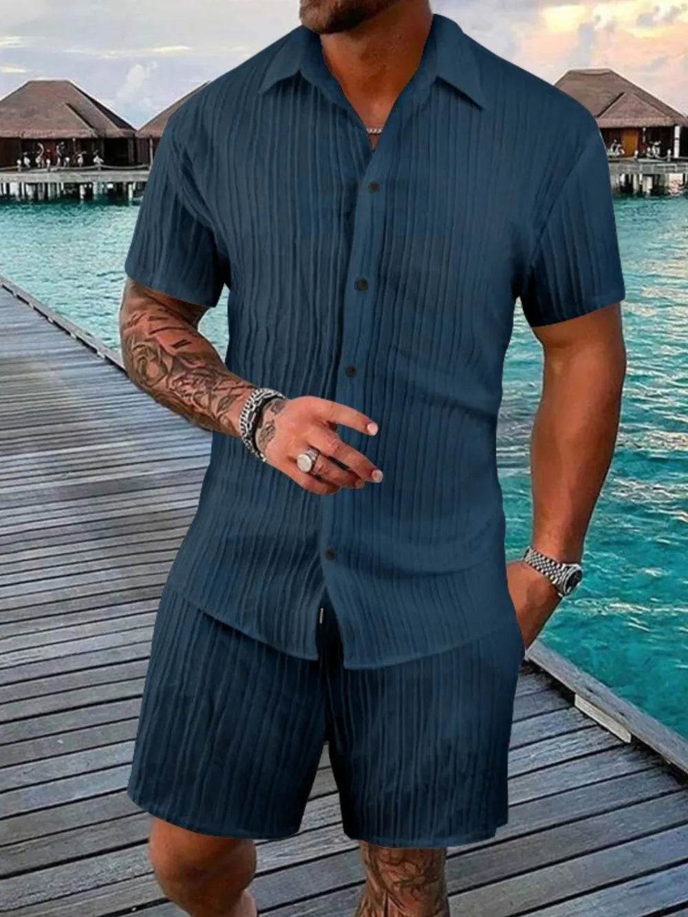Men's Full Size Button Down Short Sleeve Shirt and Shorts Set Plus Size - Ultim8 Designs 4 U