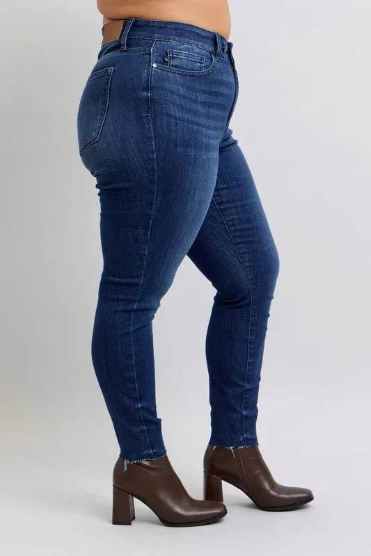 Judy Blue Full Size Mid Rise Skinny Jeans with Raw Hem Plus Size - Ultim8 Designs 4 U