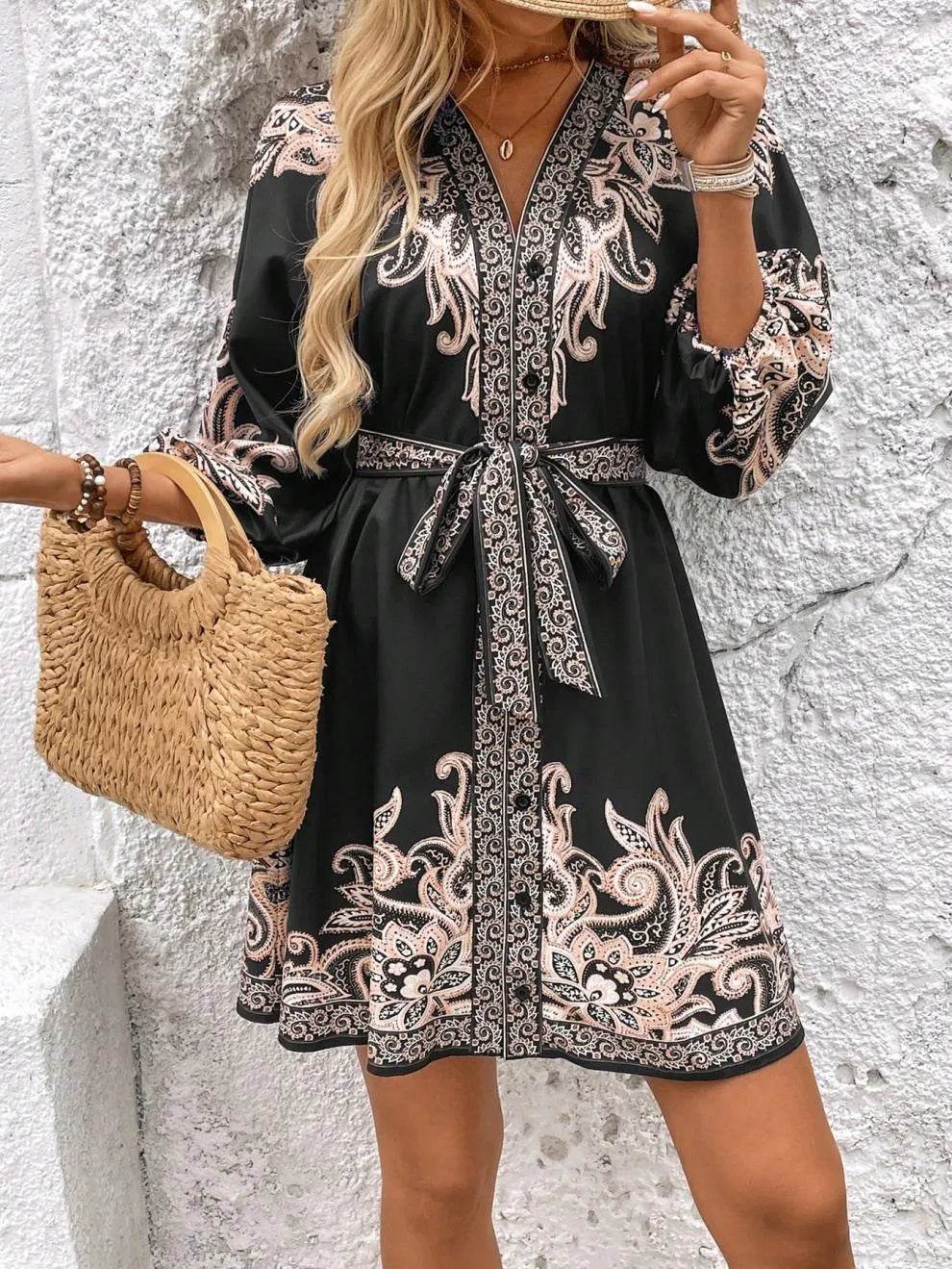 Paisley V-Neck 3/4 Sleeve Mini Dress - Ultim8 Designs 4 U