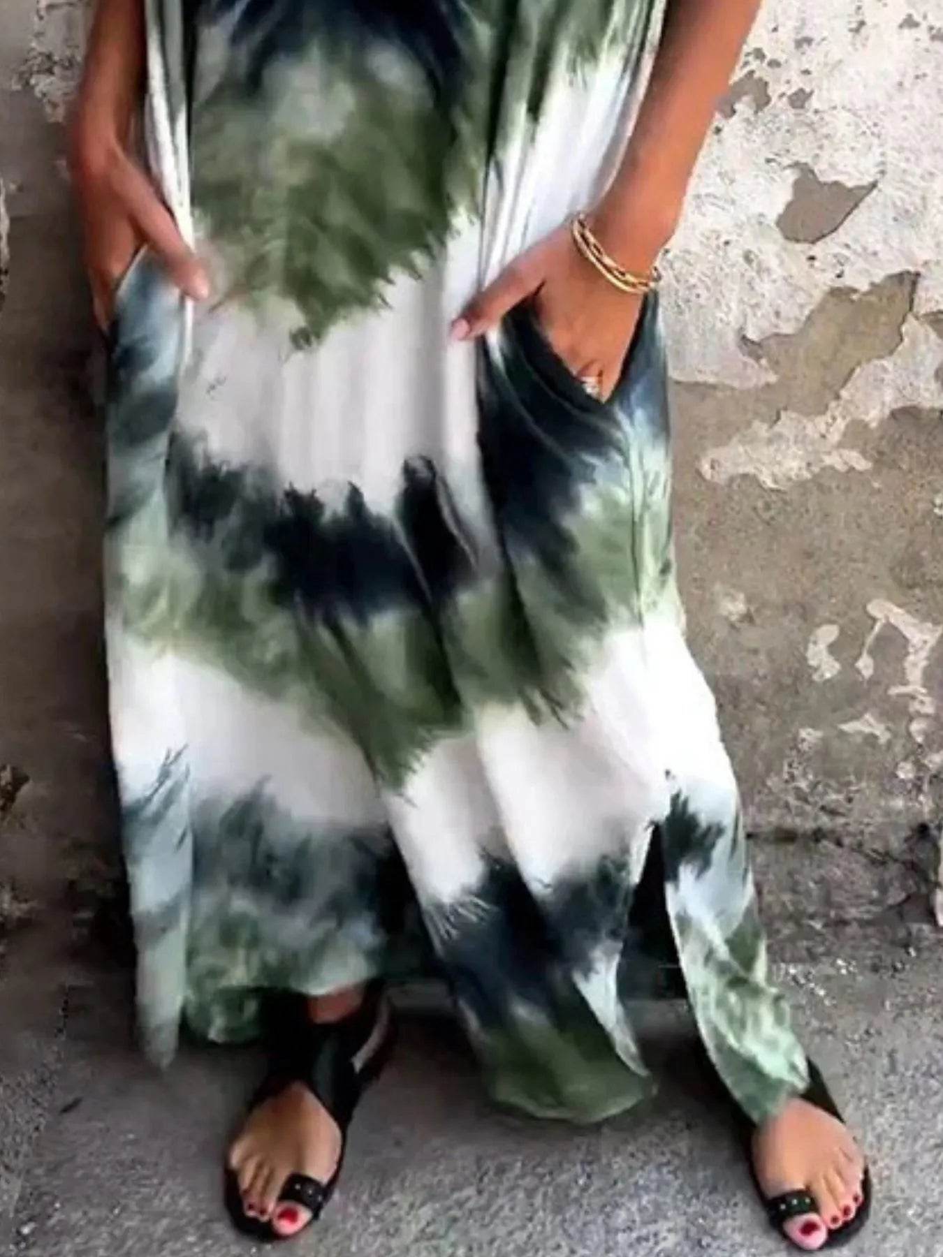 Full Size Tie-Dye V-Neck Midi Dress with Pockets Plus Size - Ultim8 Designs 4 U