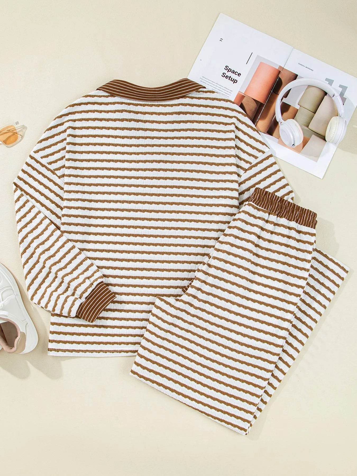 Stripe Collared Top and Drawstring Pant Set - Ultim8 Designs 4 U