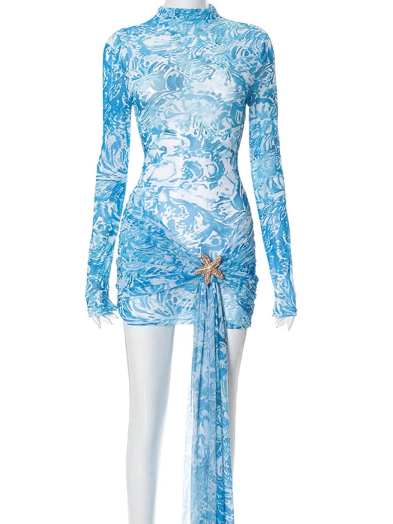 Printed Mock Neck Long Sleeve Mini Dress - Ultim8 Designs 4 U