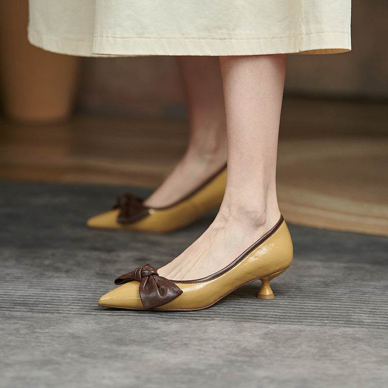 Women's Bow Leather Mid Heel Shoes Spring Autumn - Ultim8 Designs 4 U