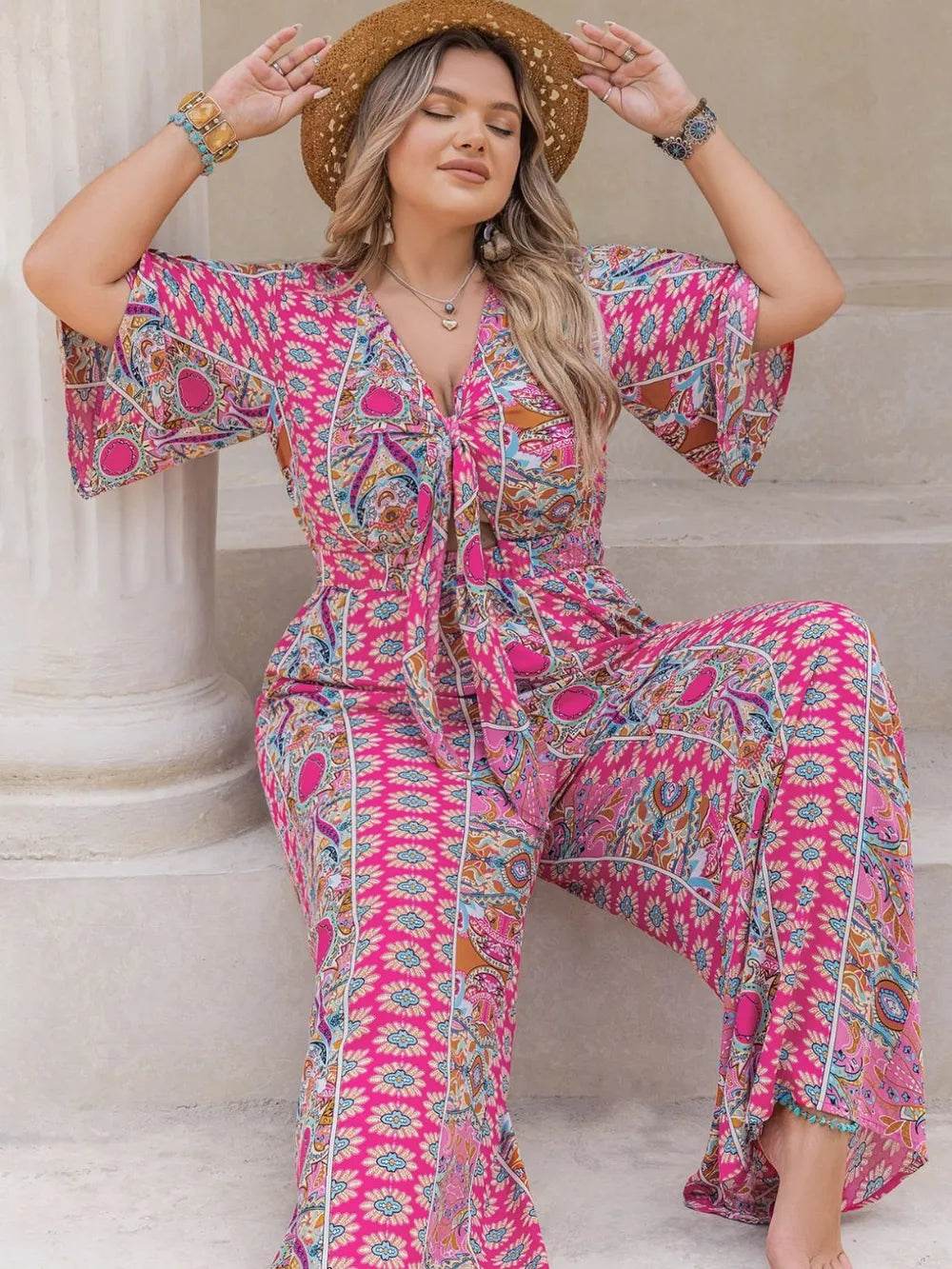 Plus Size Printed Half Sleeve Wide Leg Jumpsuit - Ultim8 Designs 4 U