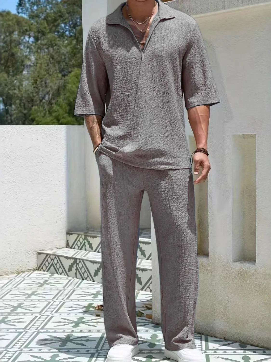 Men's Johnny Collar Half Sleeve Top and Pants Set - Ultim8 Designs 4 U