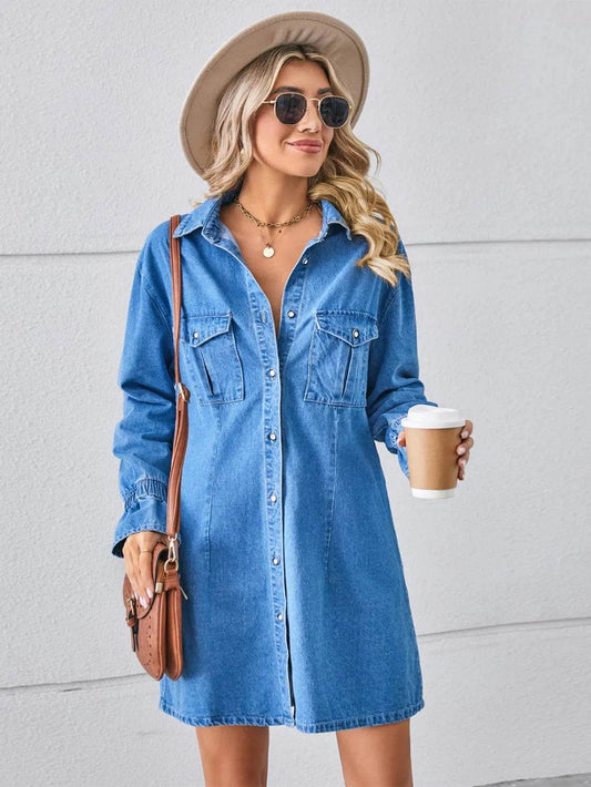 Pocketed Dropped Shoulder Mini Denim Dress - Ultim8 Designs 4 U