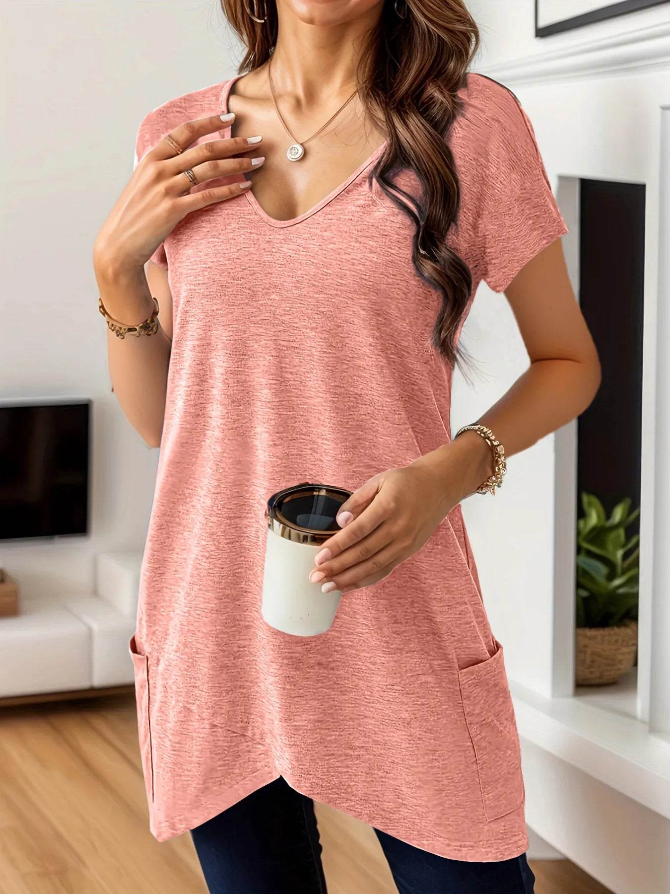 Full Size V-Neck Pocket Front Asymmetric Hem T-Shirt Plus Size - Ultim8 Designs 4 U