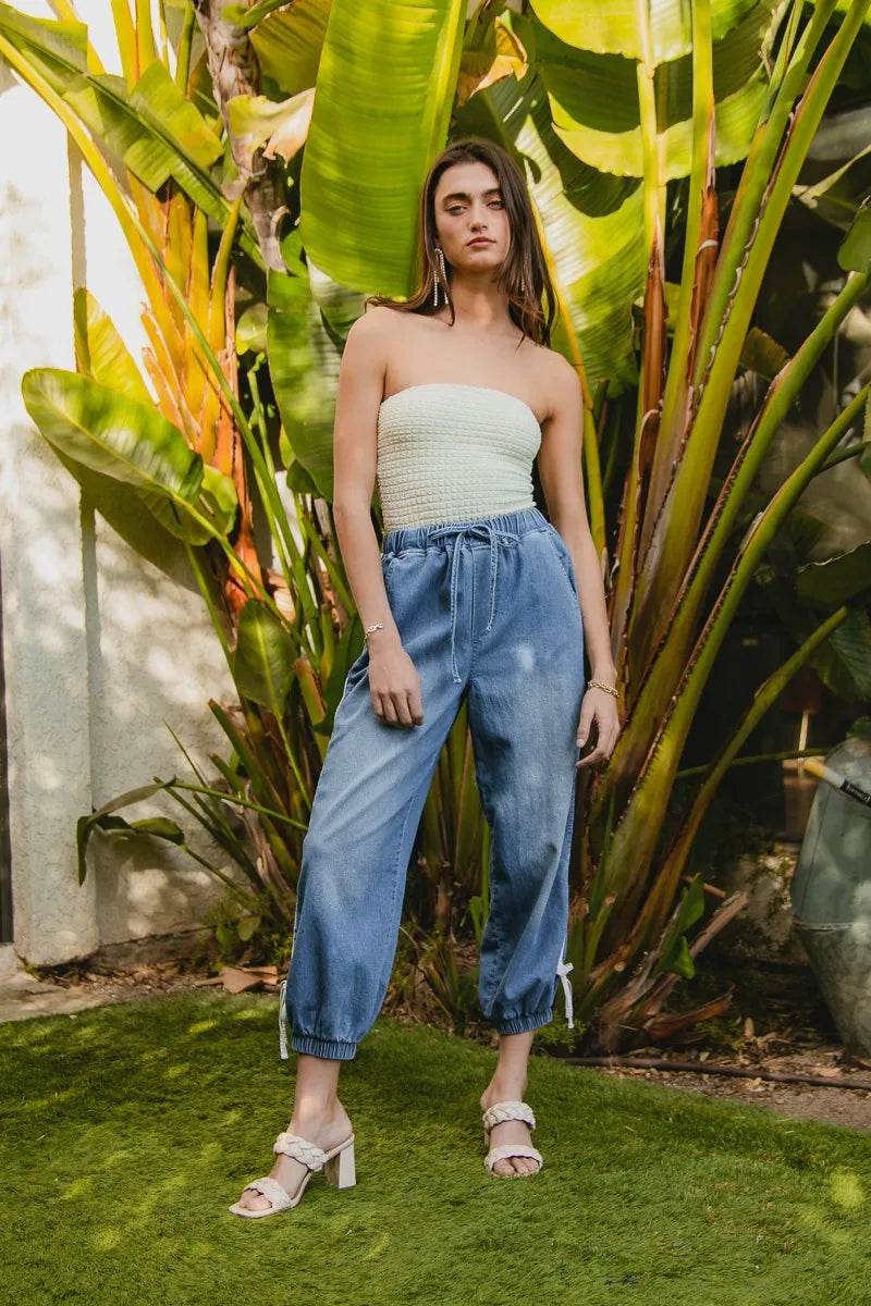 BiBi Striped Tape Details With Bot Tied Point Elastic Waist Jeans - Ultim8 Designs 4 U