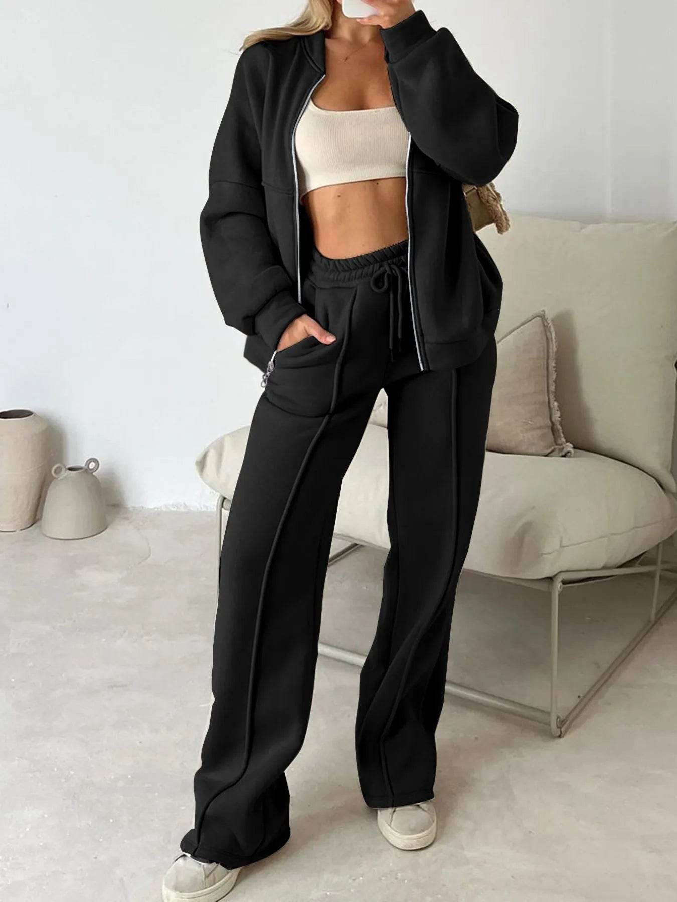 Zipper Up Jacket and Drawstring Pants Set - Ultim8 Designs 4 U