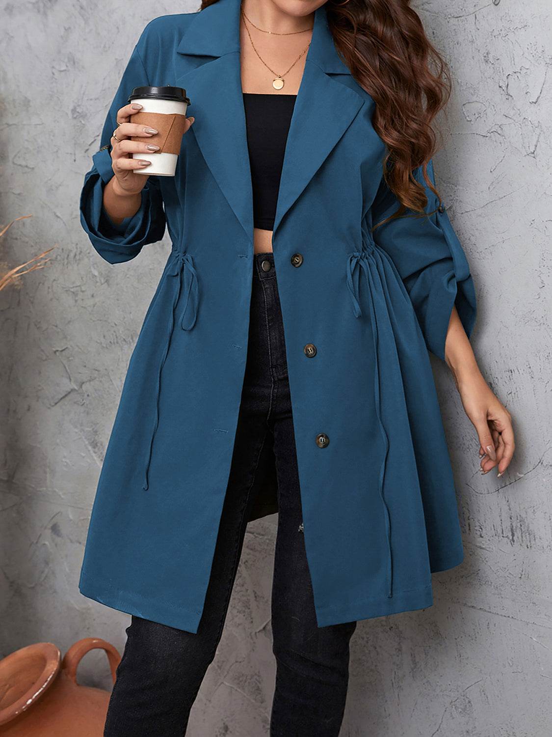 Honey Plus Size Lapel Collar Drawstring Roll-Tab Sleeve Trench Coat - Ultim8 Designs 4 U