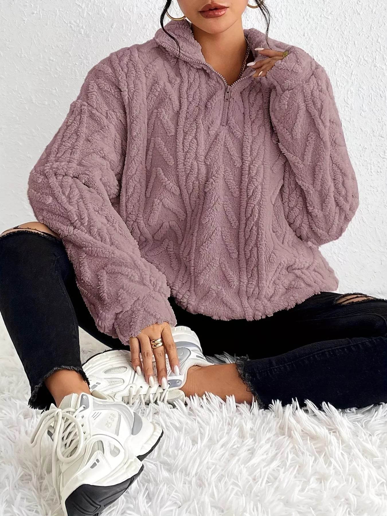 Quarter Zip Dropped Shoulder Sherpa Sweatshirt - Ultim8 Designs 4 U