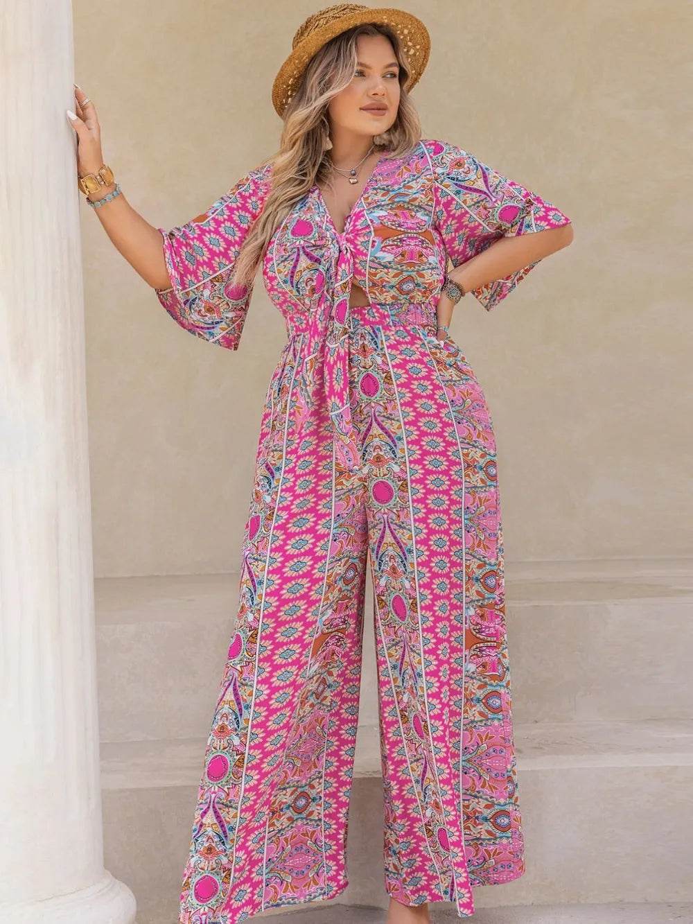 Plus Size Printed Half Sleeve Wide Leg Jumpsuit - Ultim8 Designs 4 U