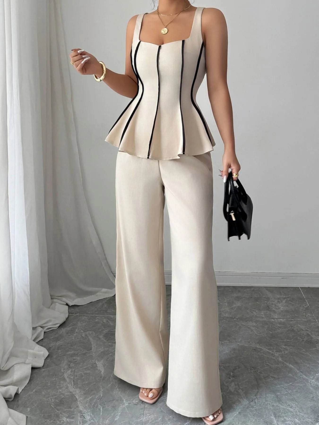 Contrast Piping Top and Wide Leg Pants Set - Ultim8 Designs 4 U