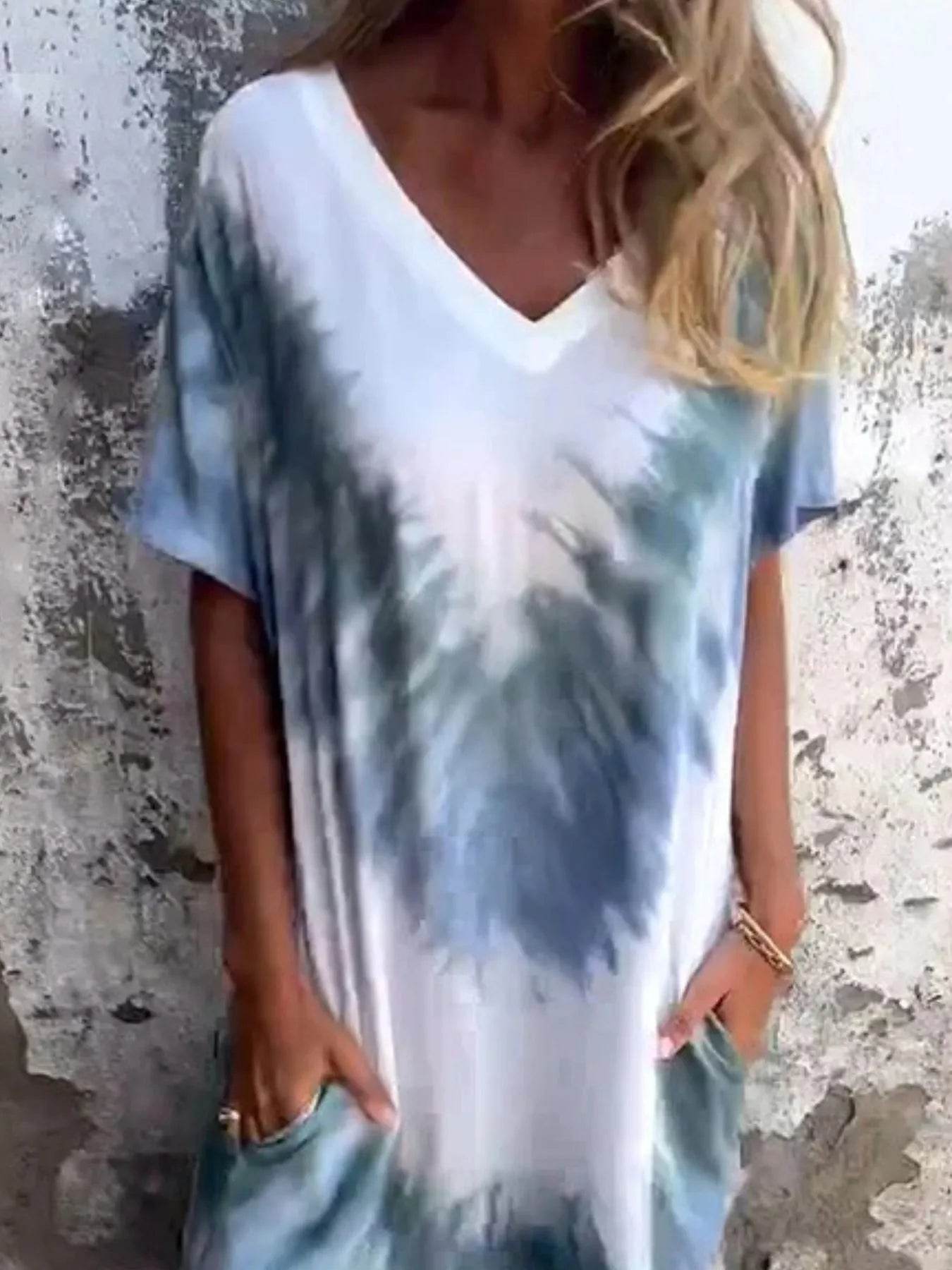Full Size Tie-Dye V-Neck Midi Dress with Pockets Plus Size - Ultim8 Designs 4 U