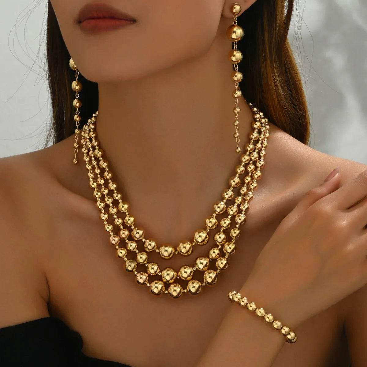 18K Stainless Steel Beaded Multi-Layered Necklace Bracelet Earrings Jewelry Set - Ultim8 Designs 4 U