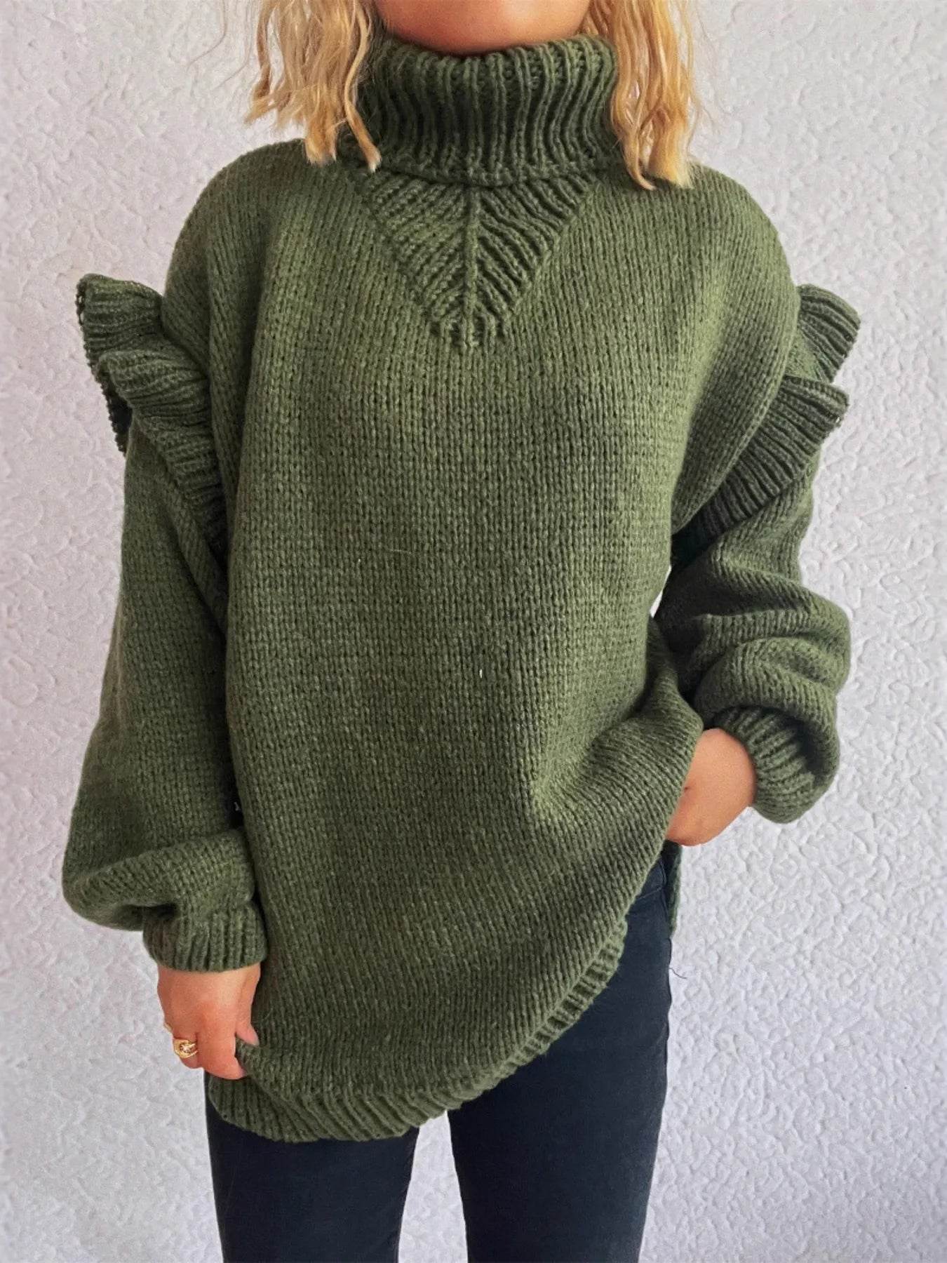 Ruffled Turtleneck Long Sleeve Sweater - Ultim8 Designs 4 U