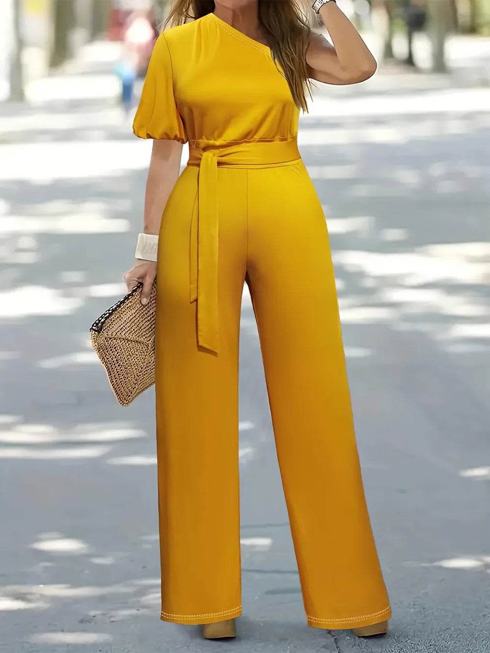 Plus Size Single Shoulder Tie Waist Jumpsuit - Ultim8 Designs 4 U