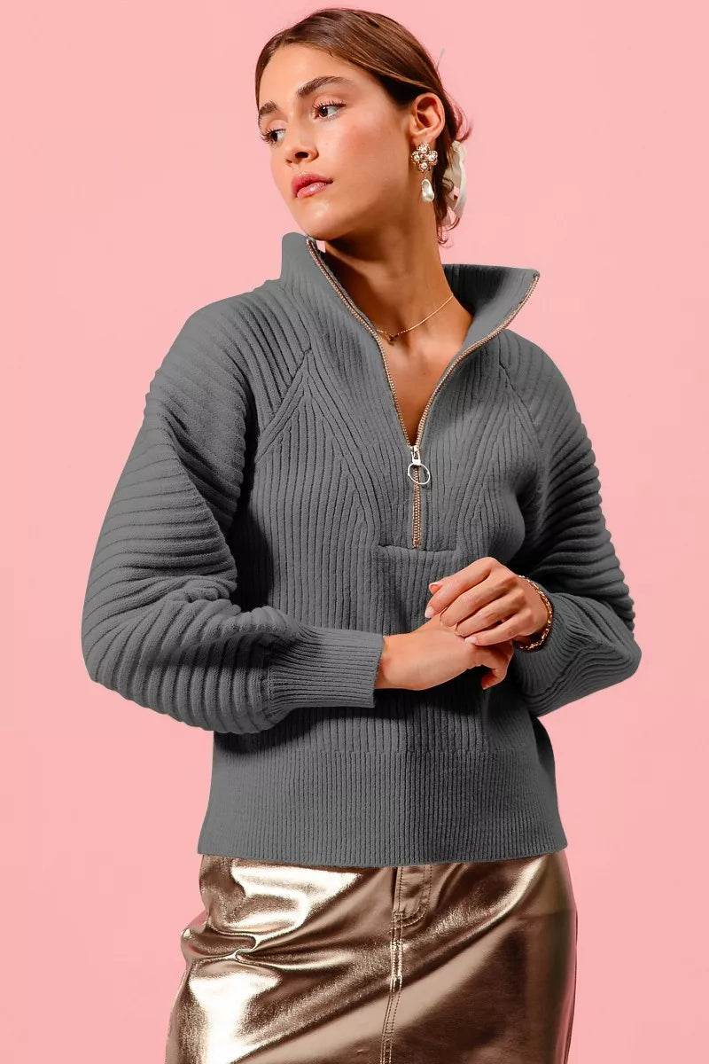 SO ME Half Zip Raglan Balloon Sleeves Ribbed Sweater - Ultim8 Designs 4 U