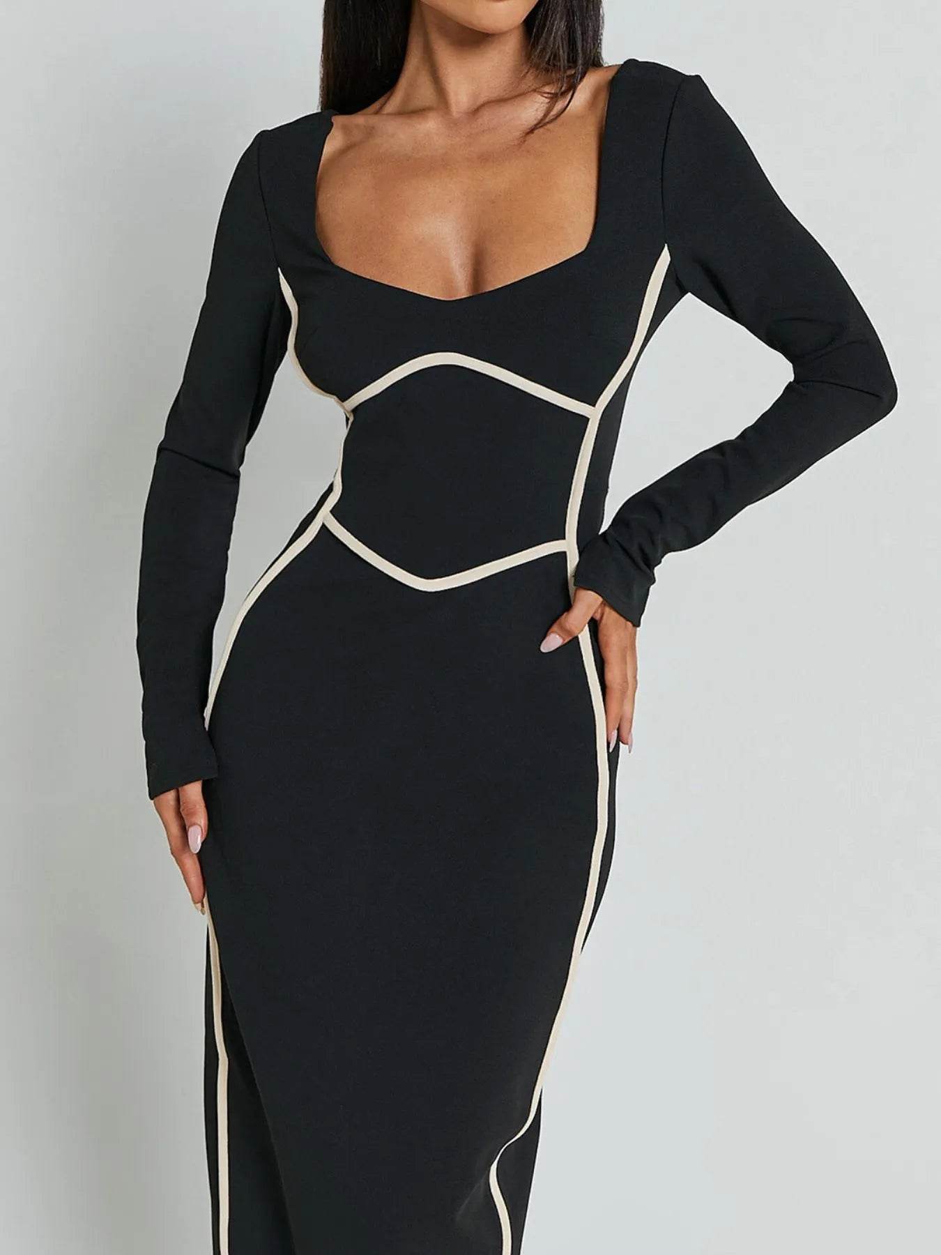 Contrast Trim Long Sleeve Bodycon Maxi Dress - Ultim8 Designs 4 U