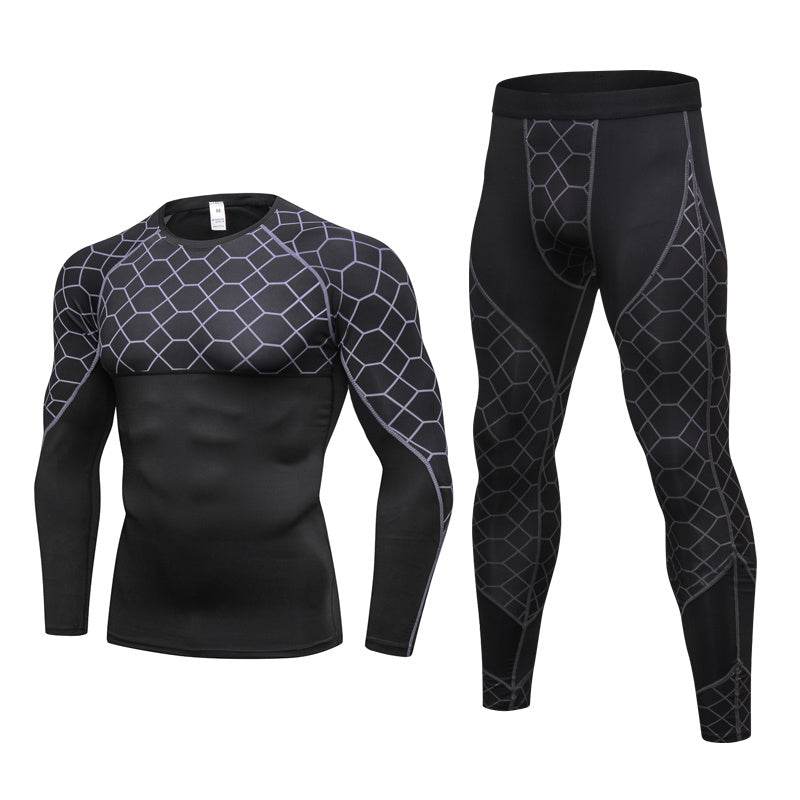 Men's Compression Run jogging Suits Grid Clothes Sports Set Long t shirt And Pants Gym Fitness workout Tights clothing 2pcs Sets - Ultim8 Designs 4 U