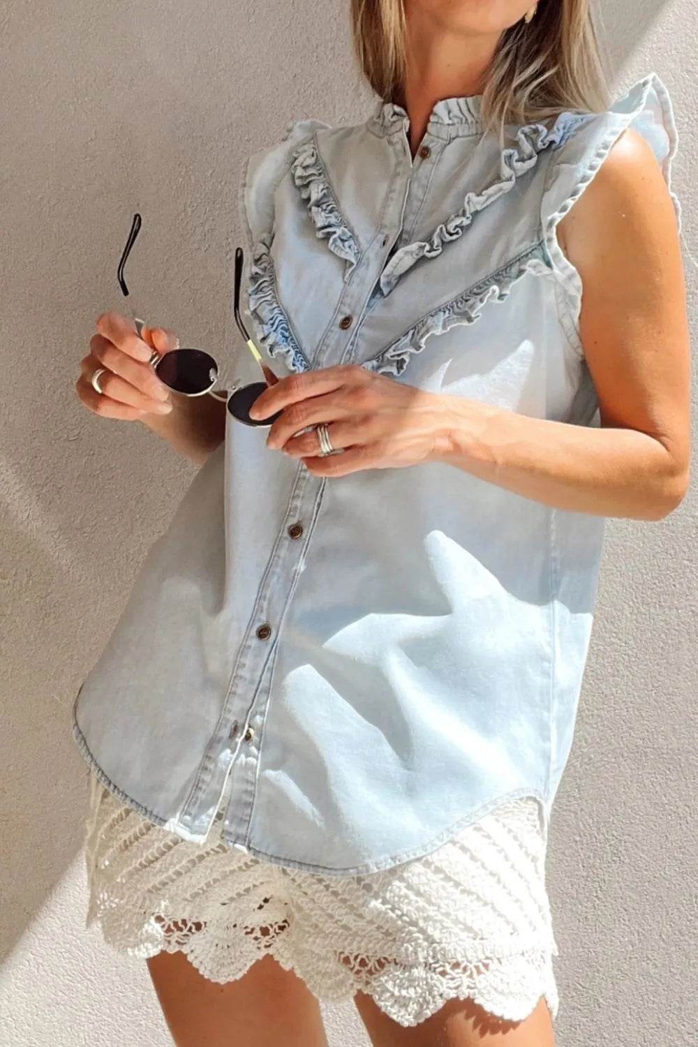 Frill Button Down Ruffled Cap Sleeve Denim Top - Ultim8 Designs 4 U
