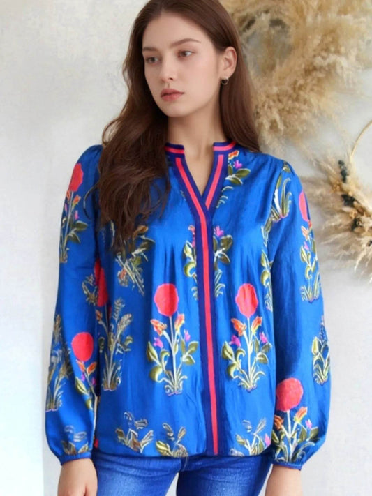 Floral Notched Balloon Sleeve Blouse - Ultim8 Designs 4 U